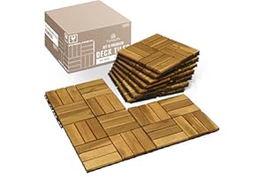 Tranquillo 10-Pack Interlocking Acacia Wood Deck Tiles 12”x12”, Weather-Resistant Outdoor Flooring for Patio, Balcony, Poolside – Non-Slip, Easy Installation, Golden Finish, Covers 10 Sq.Ft.