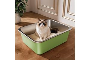 Qiuma Stainless Steel Litter Box, Large Metal Cat Litter Box with High Sided for Big and Small Cats, Non-Stick, Easy to Clean, Odor-Free, 17.5" L×13.6" W×5.9" H, Leaf Green