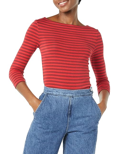 Amazon Essentials Women's Slim-Fit 3/4 Sleeve Boat Neck T-Shirt, Red Burgundy Stripe, XX-Large
