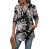 SweatyRocks Women's Casual Floral Print Curved Hem Top 3/4 Roll Sleeve V Neck Loose Shirt Blouse