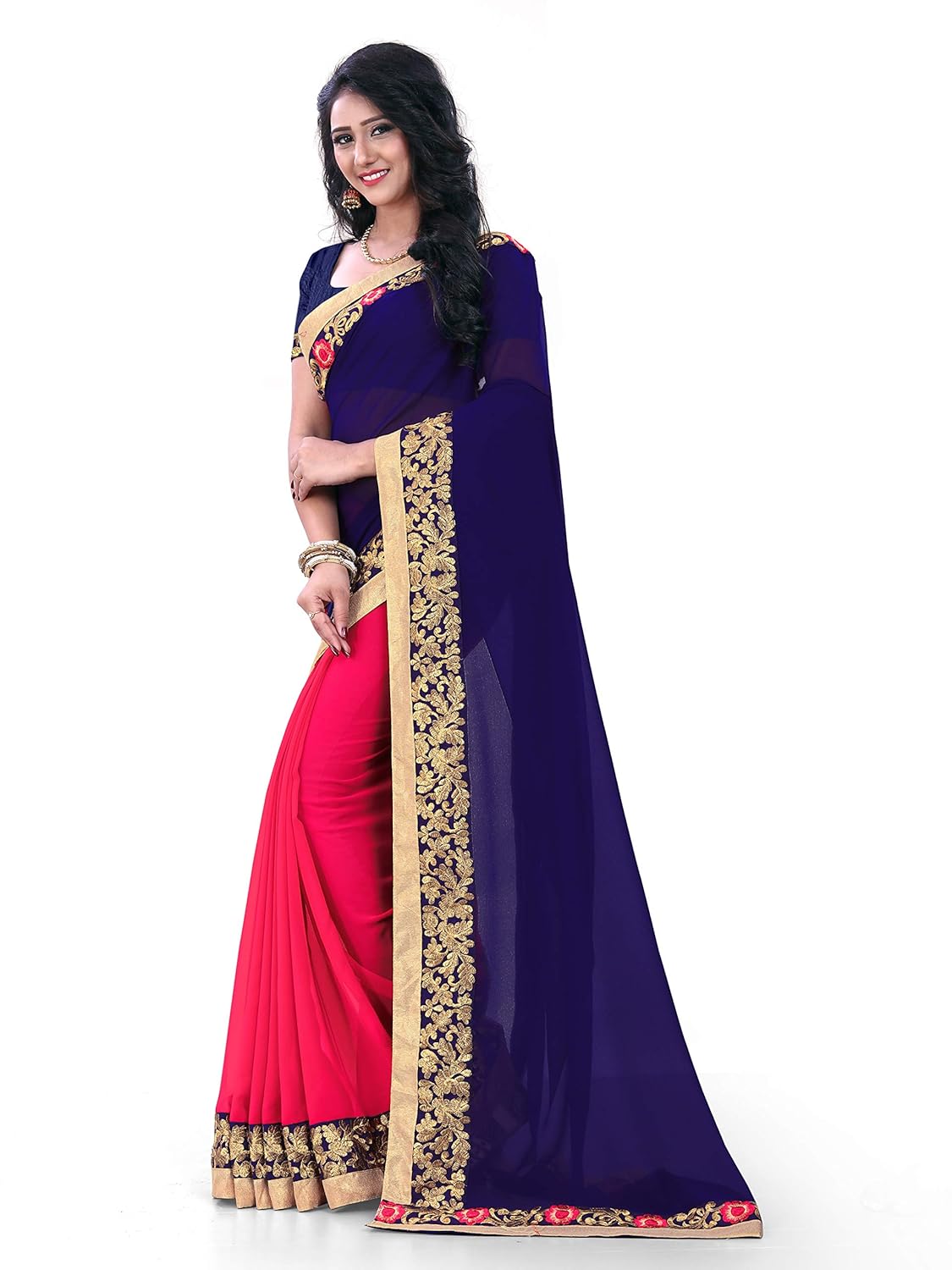 kuki women's georgette saree (black & pink)