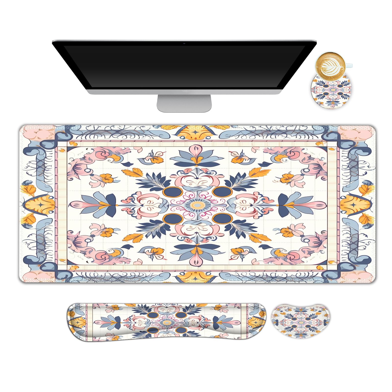DINKY Large Mouse Pad and Keyboard Wrist Rest Combo, Extended Mouse Pad with Wrist Support, Non-Slip Desk Mat Protector Desk Blotter for Keyboard and Mouse,Retro Boho Art