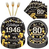 refavor 80th Birthday Party Tableware, 96PCS Cheers to 80th Birthday Decorations Men Women, Black Gold Party Plates Forks Napkins Supplies Dinnerware Set