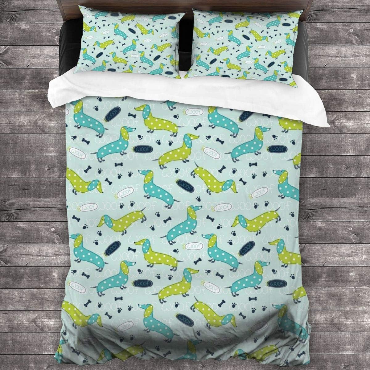 Susushang 3-Piece Bedding Set Cute Piebald Dachshund Green Ultra Soft Zipper Closure Quilt Cover 86"x70"