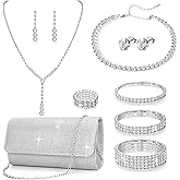 GIFIKOI 11 Pcs Silvery Clutch Purse Crystal Jewelry Set for Women Shiny Rhinestone Jewelry Accessories for Evening Party Bride Wedding