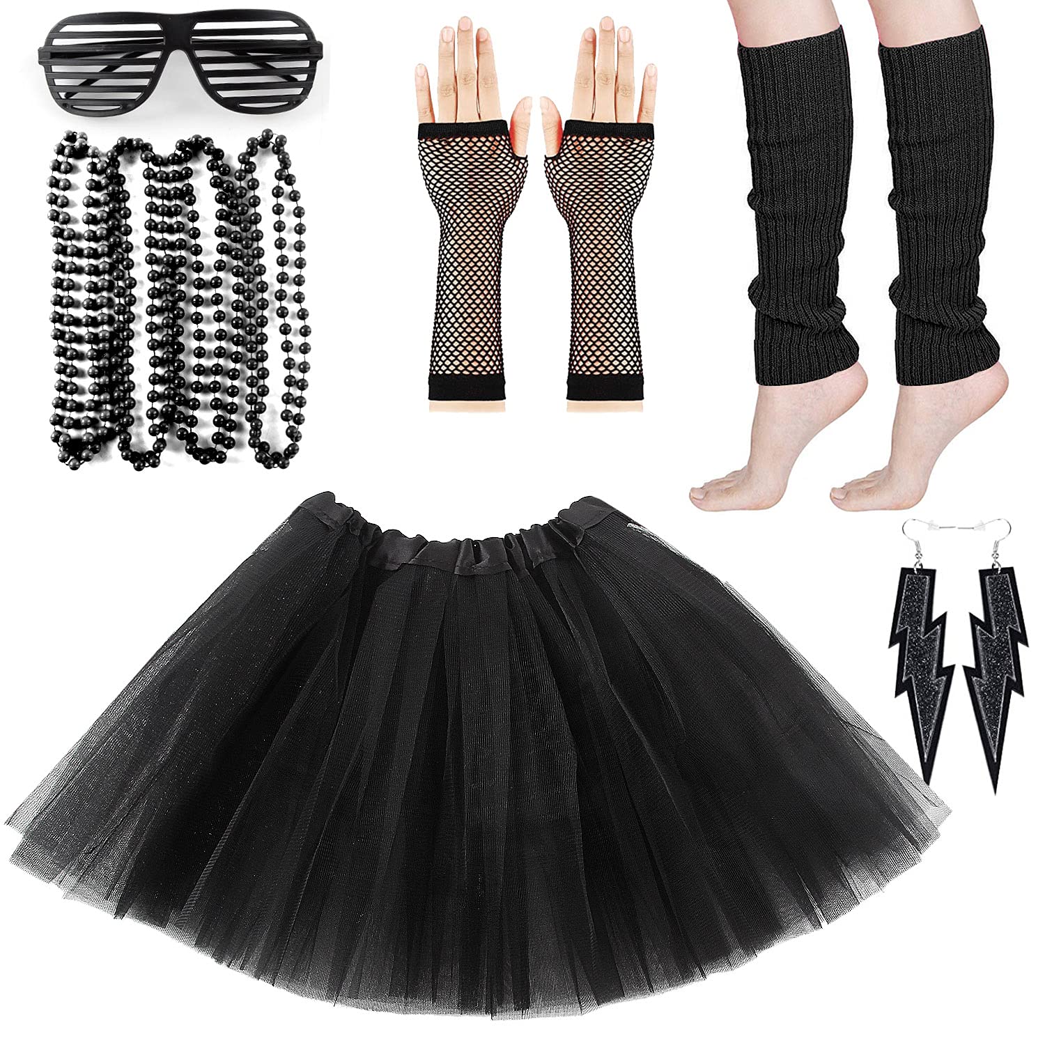 M MUNCASO 80s Fancy Dress Costume, 1980s Fancy Party Costume Set Adult Tutu Skirt with Leg Warmers Fishnet Gloves Neon Necklaces Bead Lighting Earrings Sunglasses for 80s Retro Party (Black)