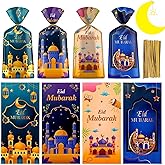 100 Pcs Ramadan Goodie Bag - Eid Mubarak Gift Bags, Ramadan Mubarak Plastic Cellophane Bags, 4 Styles Ramadan Goody Candy Favor Treat Bags with Gold Twist Ties for Islamic Muslim Eid Mubarak Party
