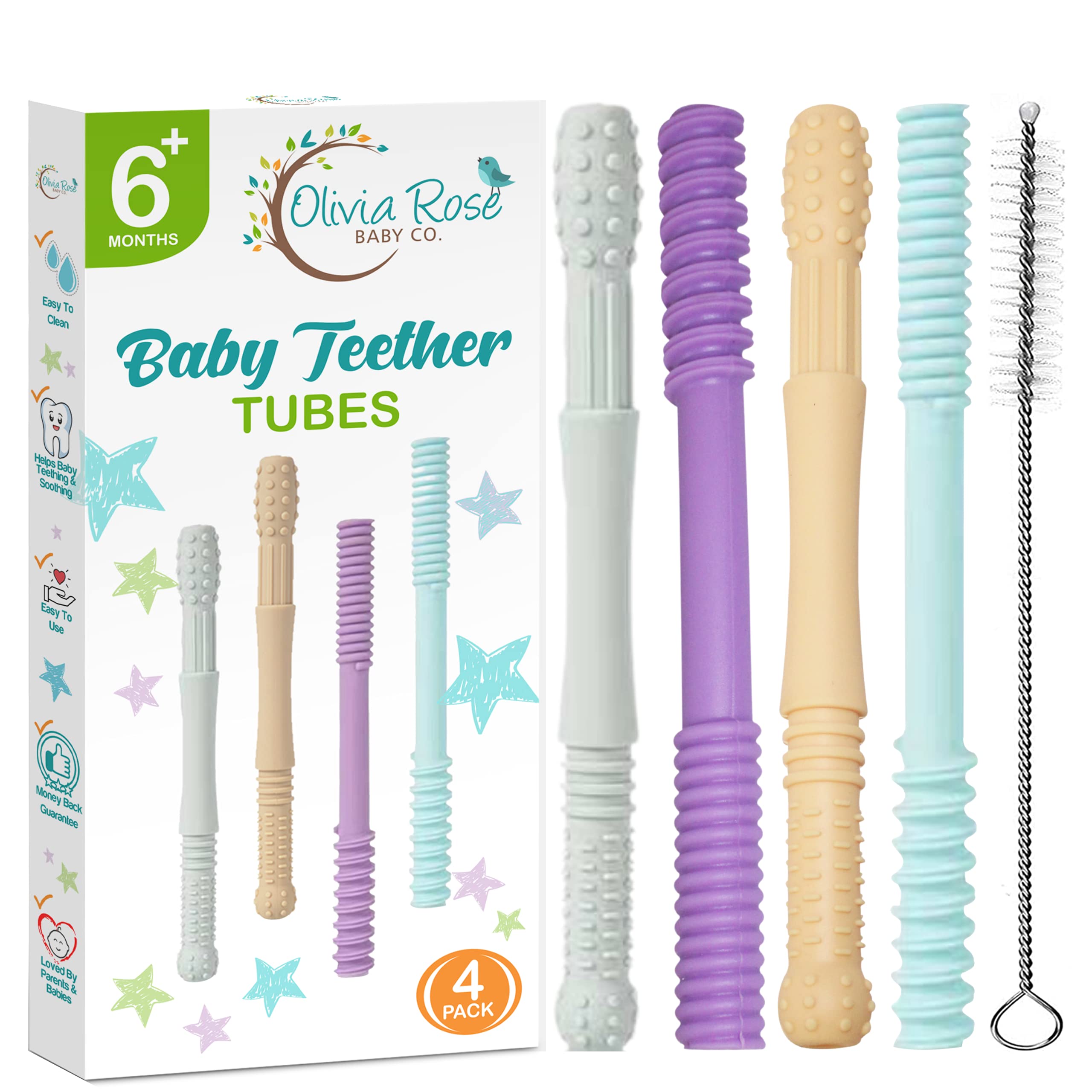 Soft Hallow Silicone Teething Tubes for Babies, (4 Pack) Baby Teether Tubes Includes Cleaning Brush, Soothing Teether & Flexible Teething Stick Toy for Infants & Toddlers, 100% Safe for Girls & Boys