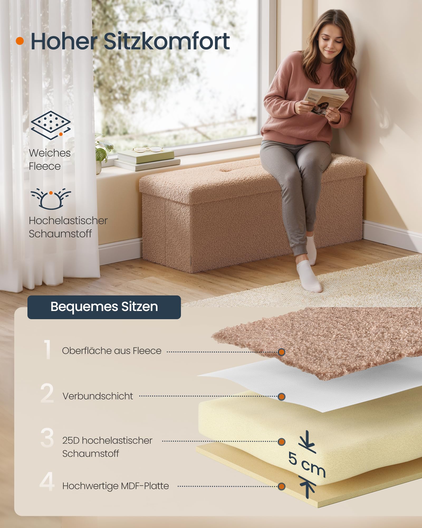 SONGMICS Hocker mit Stauraum, Faltbarer Sitzhocker, 38 x 110 x 38 cm Fußhocker, Sitzbank, Bettbank, Aufbewahrungsbox, bis 300 kg belastbar, Wohnzimmer Schlafzimmer Flur, Kamelbraun LSF097K01V1 4