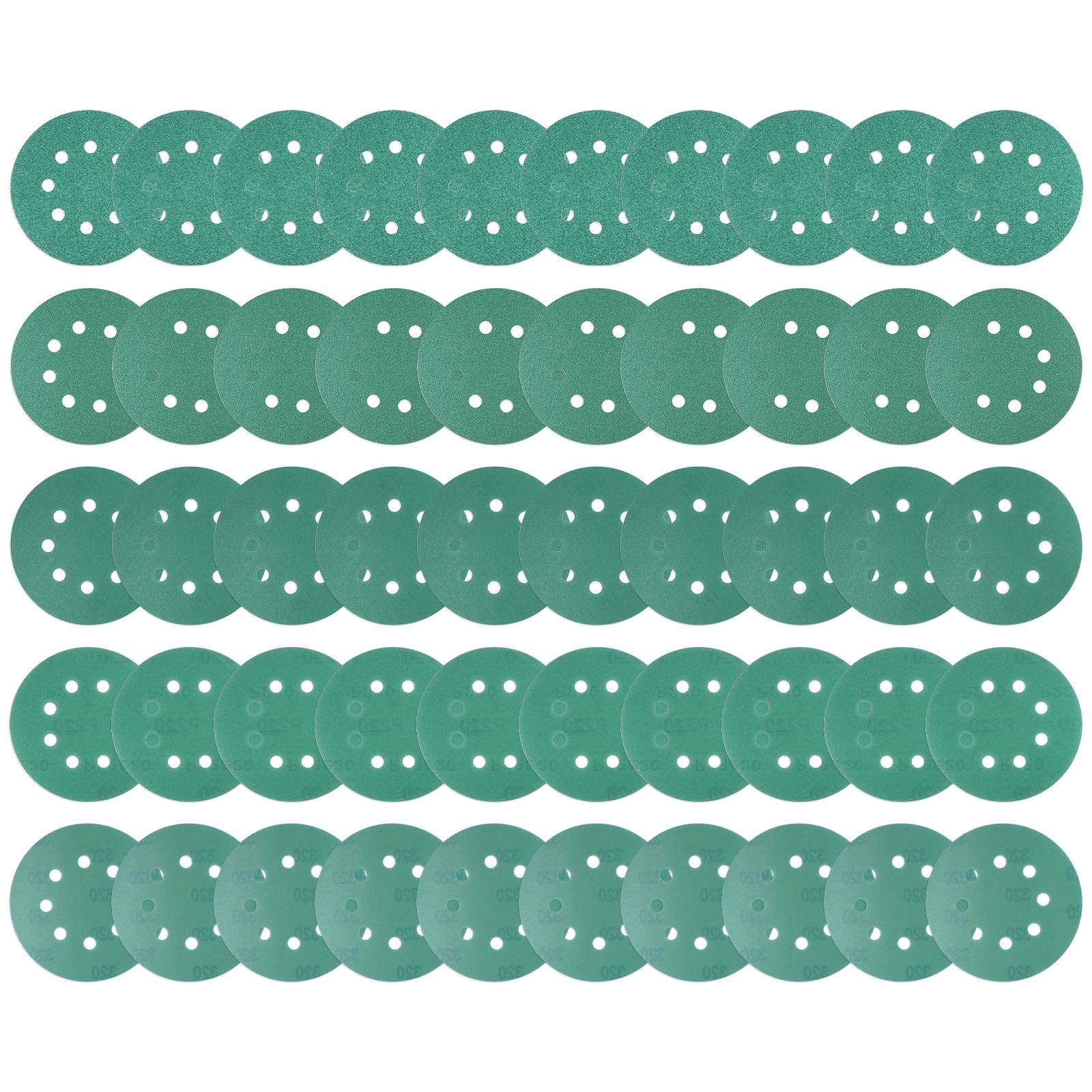 Kozelo 50pcs Green Film Sanding Discs - [5 Inch 40/80/120/220/320 Grits 8 Hole ] Round Aluminum Oxide Hook & Loop Wet Dry Sander Pads for Wood Metal Polishing Use