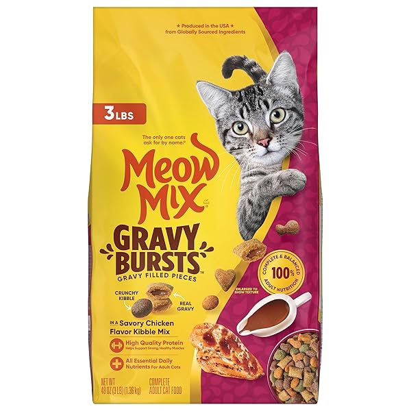 MEOW MIX GRAVY BURSTS, SAVORY CHICKEN FLAVOR MIX, GRAVY FILLED DRY CAT FOOD, 3 LB. BAG