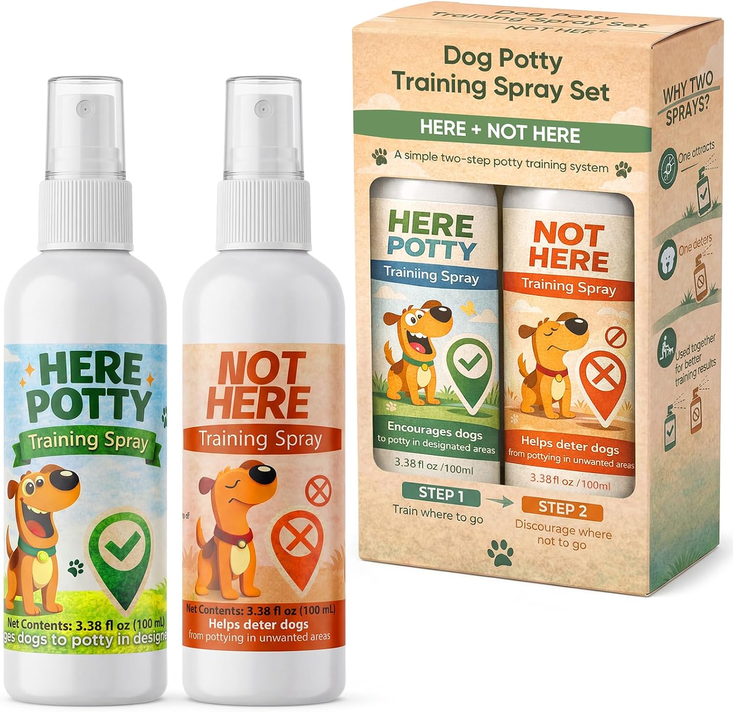 Dog Potty Training Spray for Dogs & Puppies, No-Go Spray & Here Potty Training Spray, Helps Stop Marking & Supports Housebreaking, Safe Gentle Formula, Indoor Outdoor Training Aid - 3.38 fl oz 2 PCS