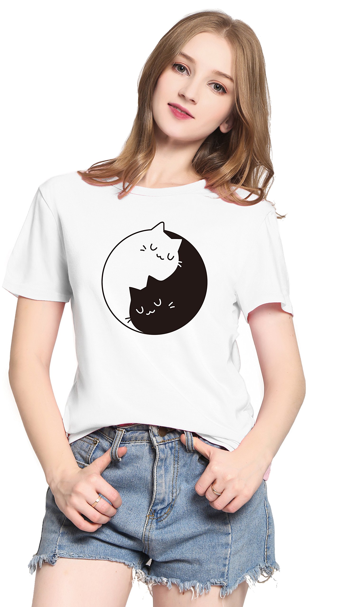 PINJIA Womens Cotton Letter Printed Pullover Tshirts Top Tees(MX15)(L, White Tai Chi Cat)