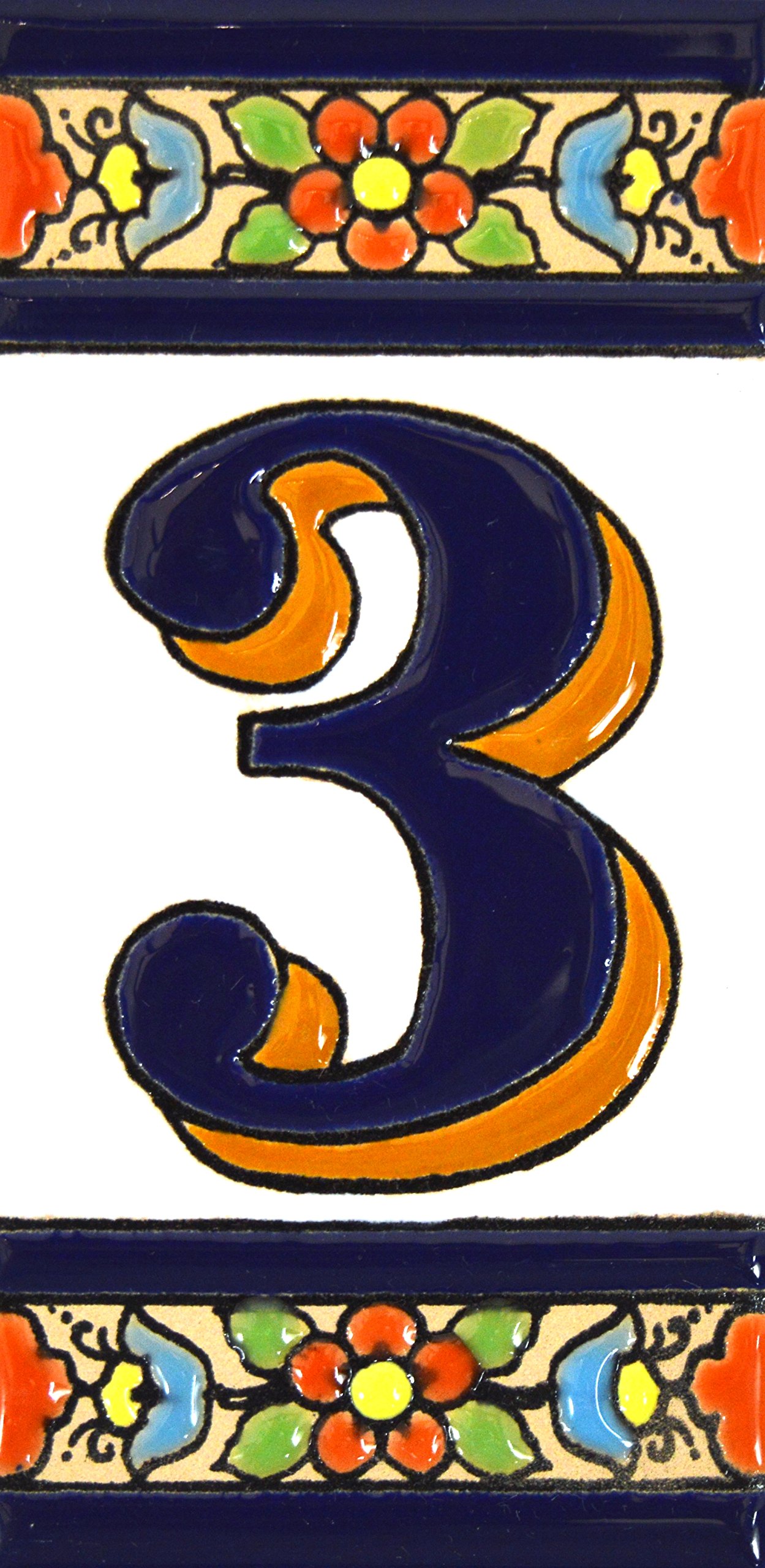 House numbers 4 inch. Handpainted house number tiles for signs, addresses and names. Address numbers for houses. House address numbers and letters. Design FLORES MEDIANO 4,29" x 2,13" (NUMBER 3) — image 1