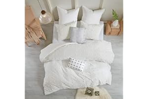 Urban Habitat Queen Duvet Cover Set 100% Cotton Jacquard Tufts, Shabby Chic, All Seasons Microfiber Bedding Duvet Covers, Shams, Decor Pillows, Full/Queen (88 in x 92 in), Brooklyn, Ivory 7 Piece