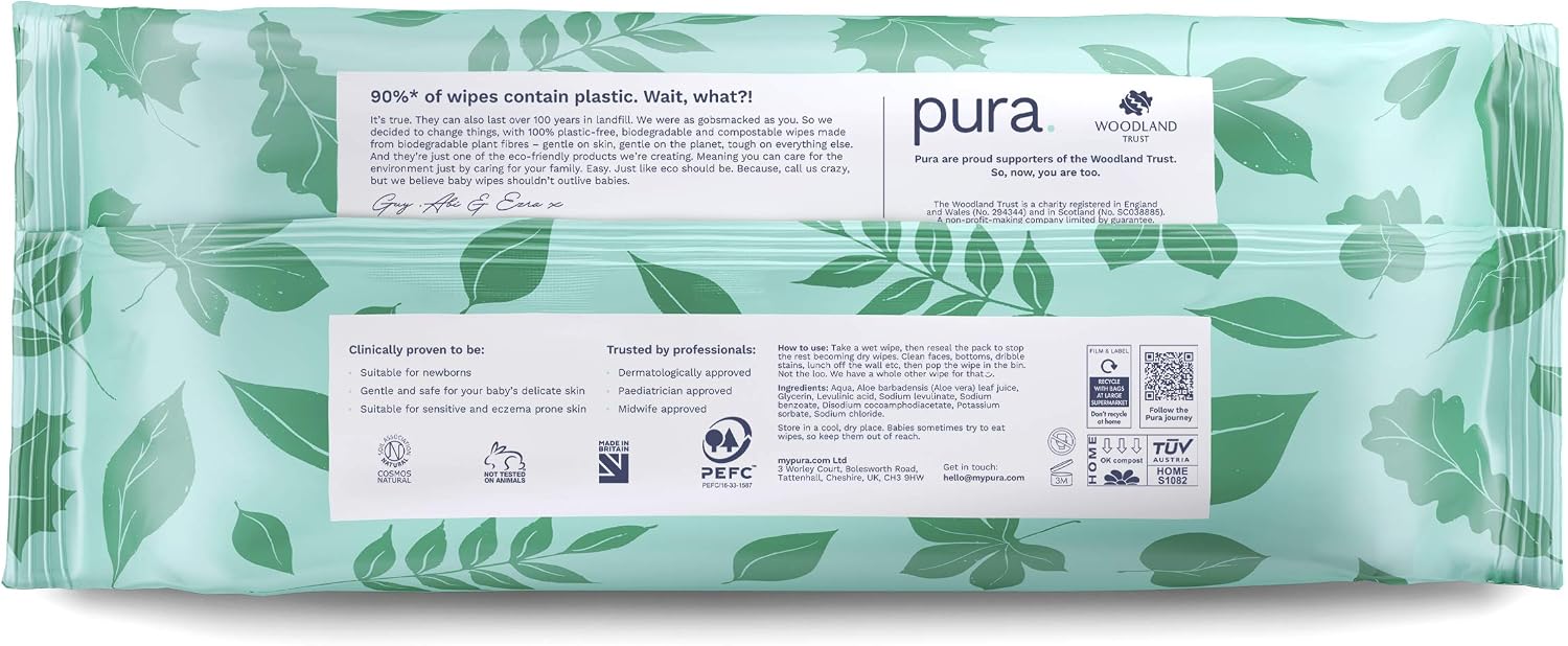 Pura Eco Friendly Baby Water Wipes 12 x 60 per pack, (720 Wet Wipes) 100% Plastic Free, 99% Water, Biodegradable, Compostable - Image 5