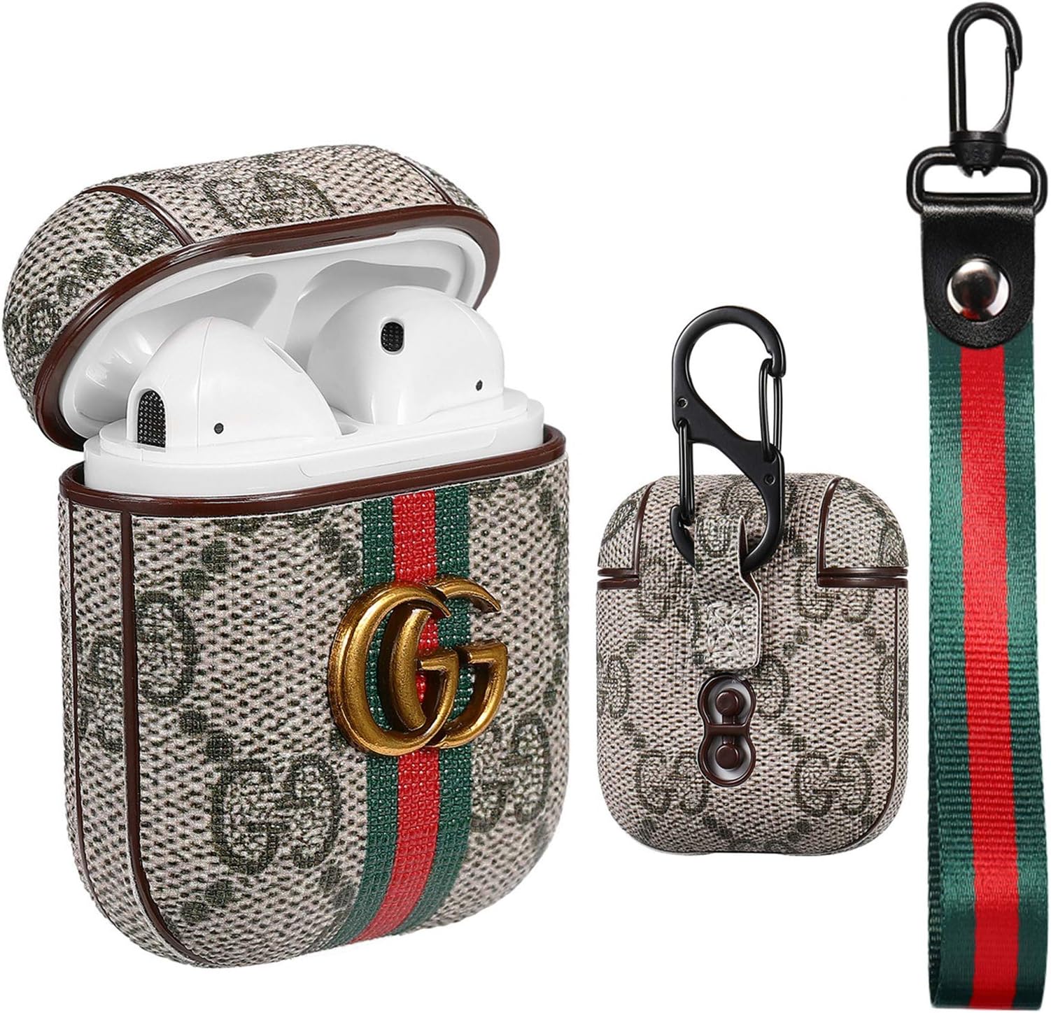 Green G Chain Airpod Case for Airpods 1&2, Elegant Classic Character Soft Leather Catalyst Cover, Fashion Stylish Cool Keychain Design Skin, Fashion Cases for Girls Teens Women Air pods