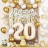 20th Birthday Decorations, Cream White Happy Birthday Party Decorations With Beige Number 20 Balloon Sand White Latex Helium Balloon Champagne Fringe Curtain Cake Topper Banner For 20th Party Supplies