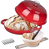VORRINGARD Enameled Cast Iron Dutch Oven Pot with Lid, Bread Oven for Sourdough Bread Baking, Dutch Ovens with Bread Proofing Basket& Baking Supplies Set, 6 Quart, Red