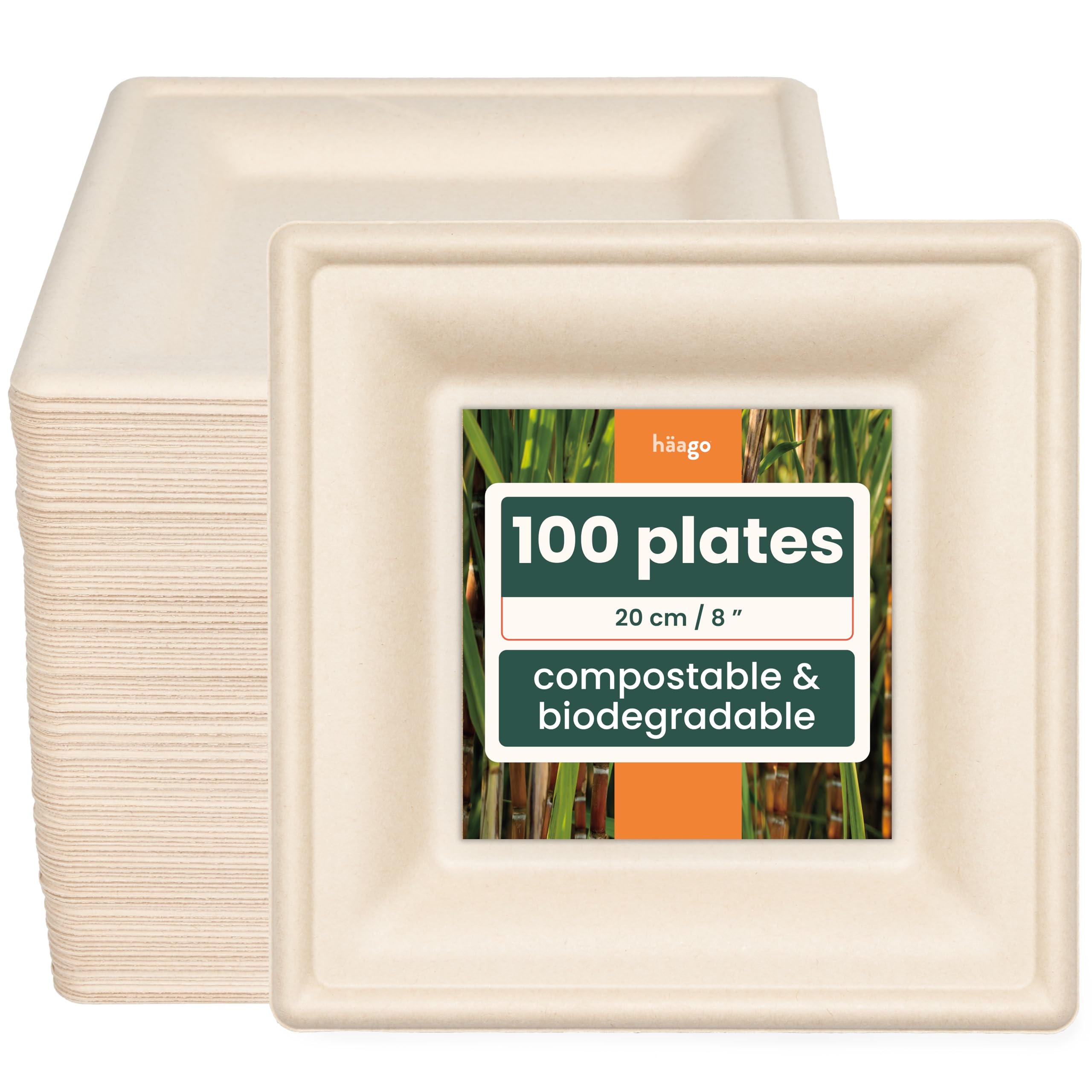 HAAGO 100 Strong Compostable Sugarcane Plates, 20 cm / 8 Inch Square – Heavy Duty, Grease- & Leak-Proof Paper Plates – Biodegradable Disposable Party Plate for Hot & Cold Food, Picnics, BBQ, Catering