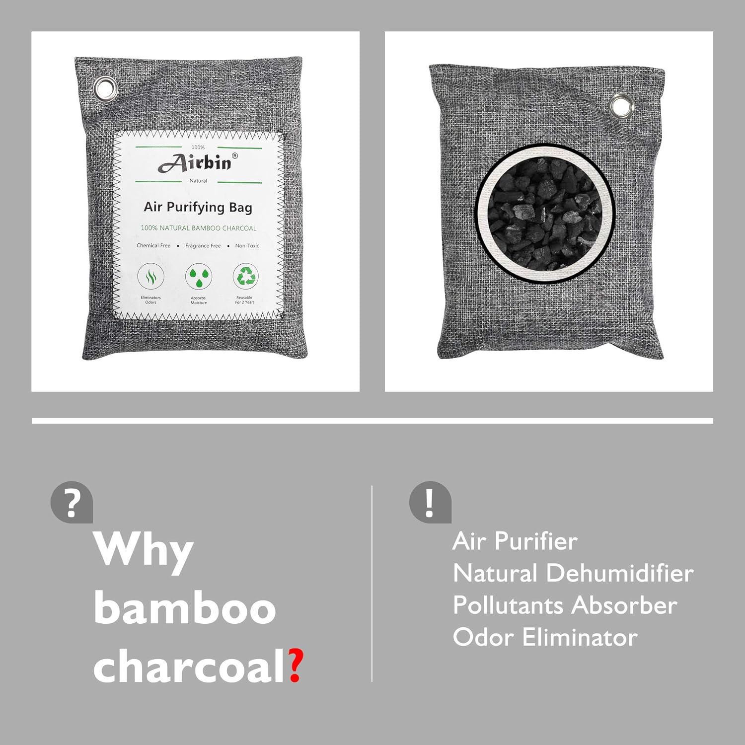 Airbin Bamboo Charcoal Air Purifying Bags 4 Pack，Natural Air Freshener, Odor Absorber for Home, Pets, Shoes, Closet Deodorizer: Kitchen & Dining