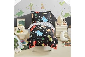 UOZZI BEDDING Dinosaur Toddler Bedding Set for Boys Girls 4 Pieces Toddler Bed Set Black - Ultra Soft Cartoon Cute Orange Dinos Toddler Bedding with Comforter Sheet and Pillowcase SYUTBS-21-T03