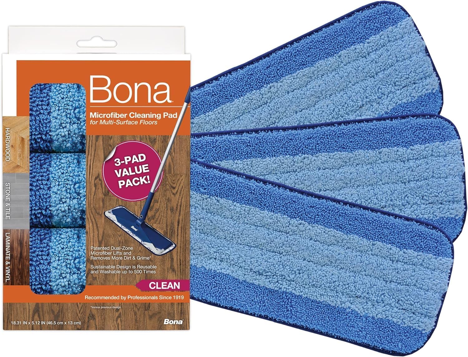 Photo 1 of Bona Microfiber Cleaning Pad for Hardwood & Hard Surface Floors - 3 Pack - For Use With Bona Mop - Dual Zone Cleaning Design for Faster Cleanup
