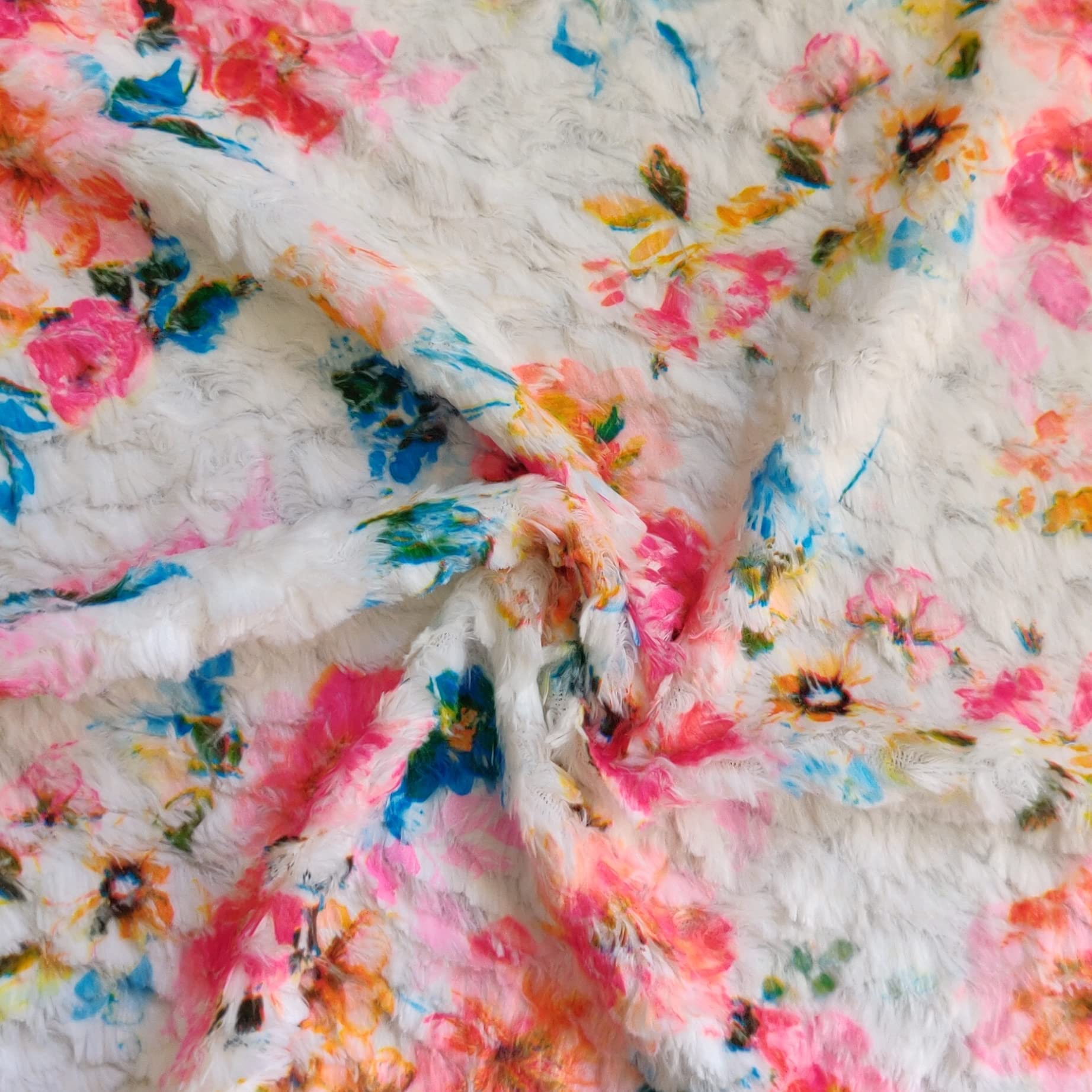 Luxury Faux Fur Fabric Material - Floral Crushed Ecru, 1Mtr - 150cm x 100cm