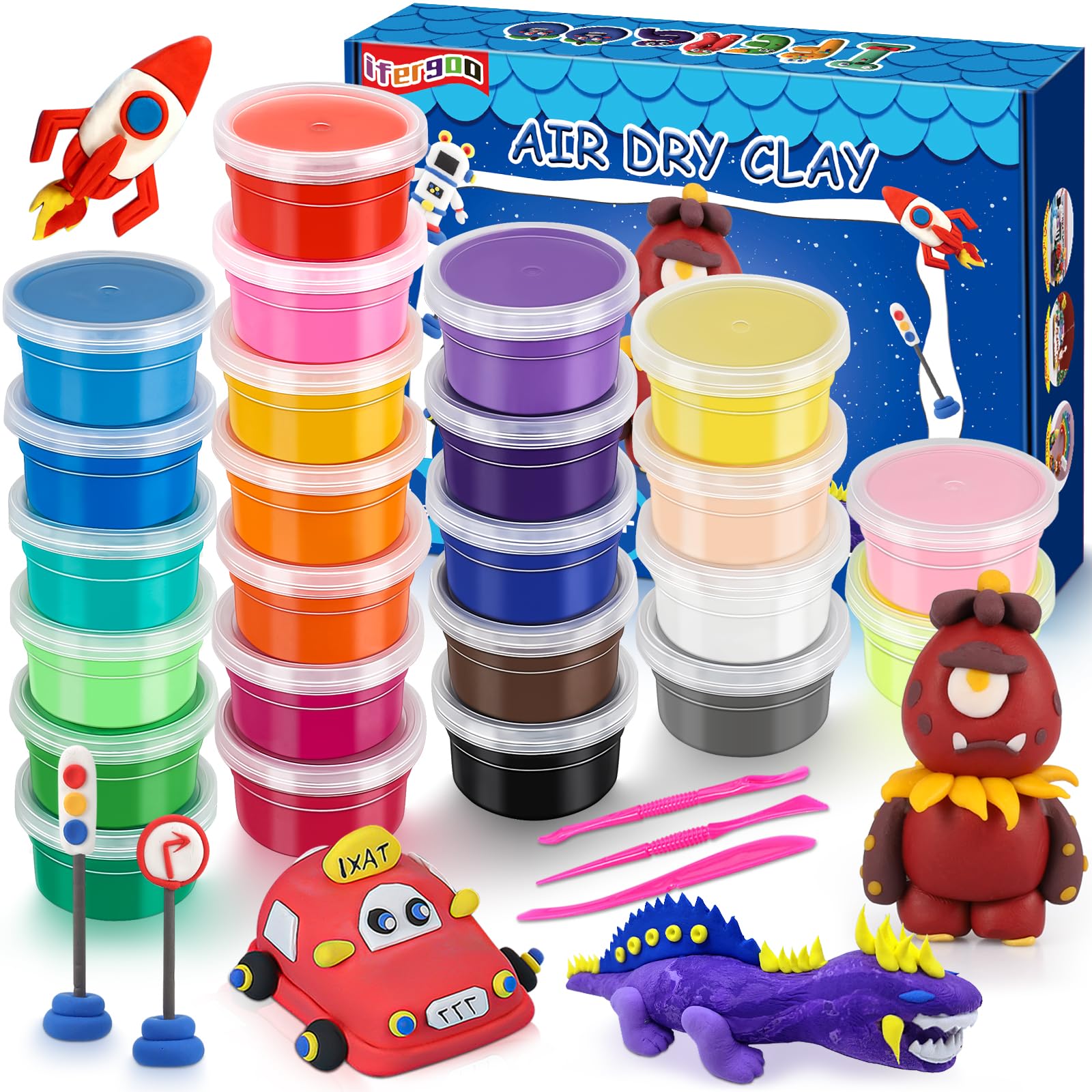 iFergoo Air Dry Clay, 24 Colors Modelling Clay Ultra Light Magic Clay, Soft & Stretchable DIY Molding Clay with Tools, Children Boys Girls Toys