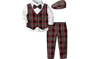 A&J DESIGN Toddler 4-Piece Formal Suits Baby Boy Gentleman Outfit with Dress Shirt, Bow Tie, Vest, Pants and Flat Hat