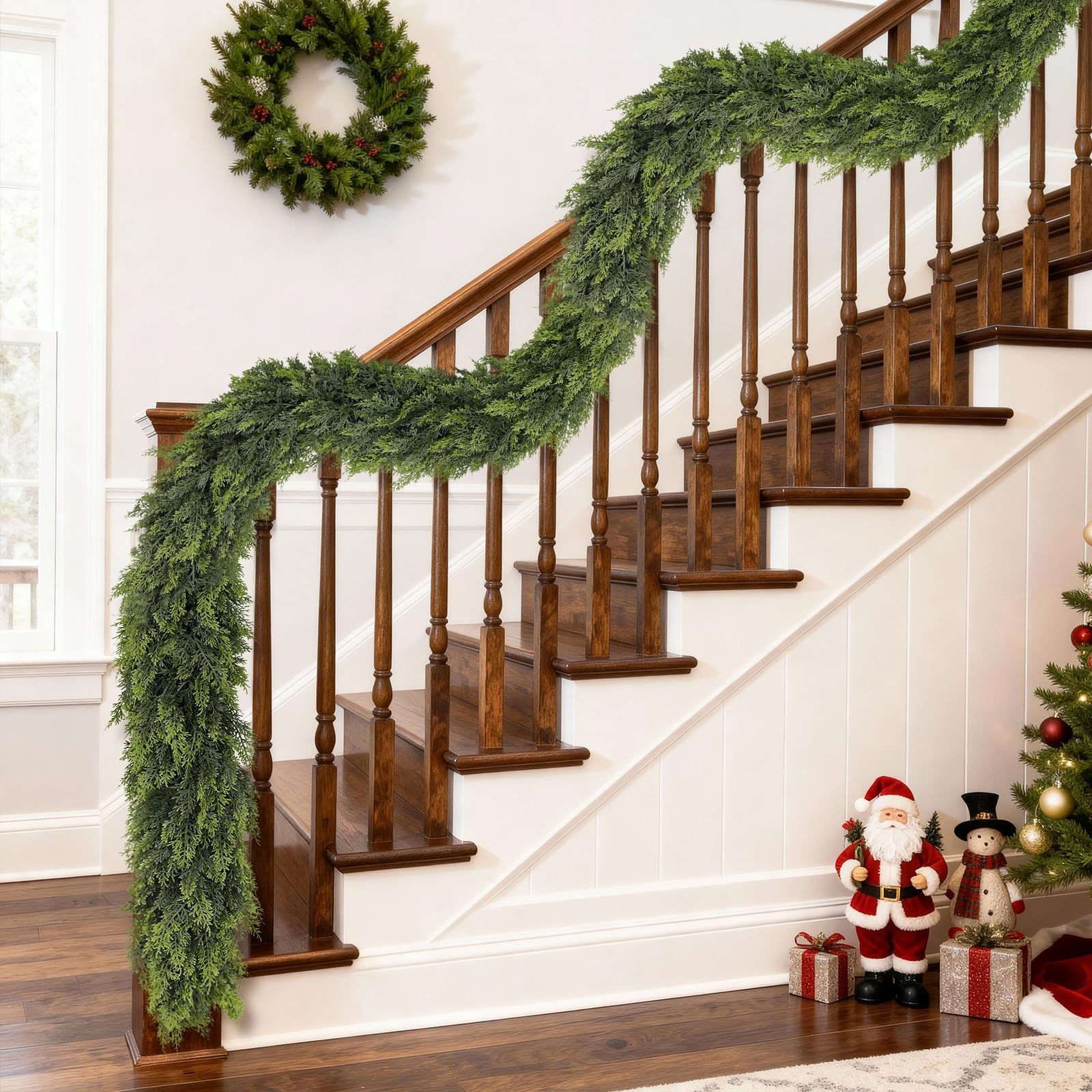 Photo 1 of 16FT Real Touch Christmas Cedar Garland - 1PCS, Artificial Pine Needles Garlands Realistic Fake Green Faux Garland for Holiday Fireplace,Table,Window,Stairs,Mante,Indoor Outdoor Decor