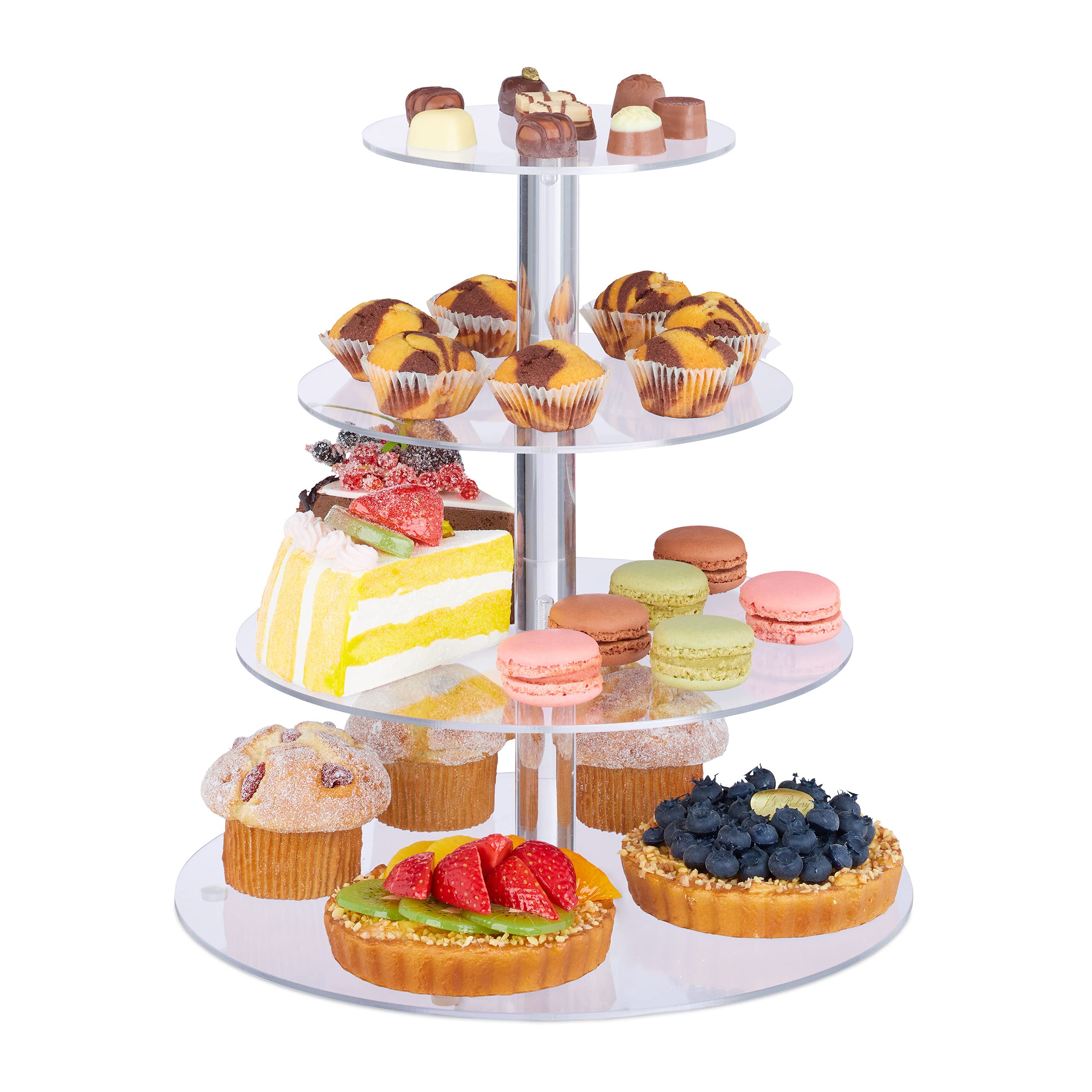Relaxdays Serving Stand, 4 Tiers, Round, Afternoon Tea Étagère, for Pastries & Cupcakes, Buffet, Acrylic, Clear, 30.5 x 30 cm