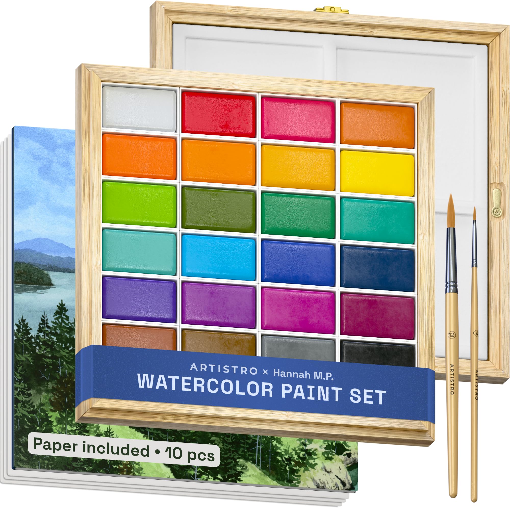 ARTISTRO x HANNAH M.P Professional Watercolor Paint Set Limited Edition with 24 colors in Bamboo Wooden Box (6ml XL Pans) - 2 Brushes, Watercolor Paper, Mixing Tray - Watercolor Set for Professionals made by professionals