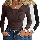 Ficerd 3 Pack Women's Ribbed Long Sleeve Tops Scoop Neck Slim Fit Shirts Cotton Casual Fall Going Out Basic Tee