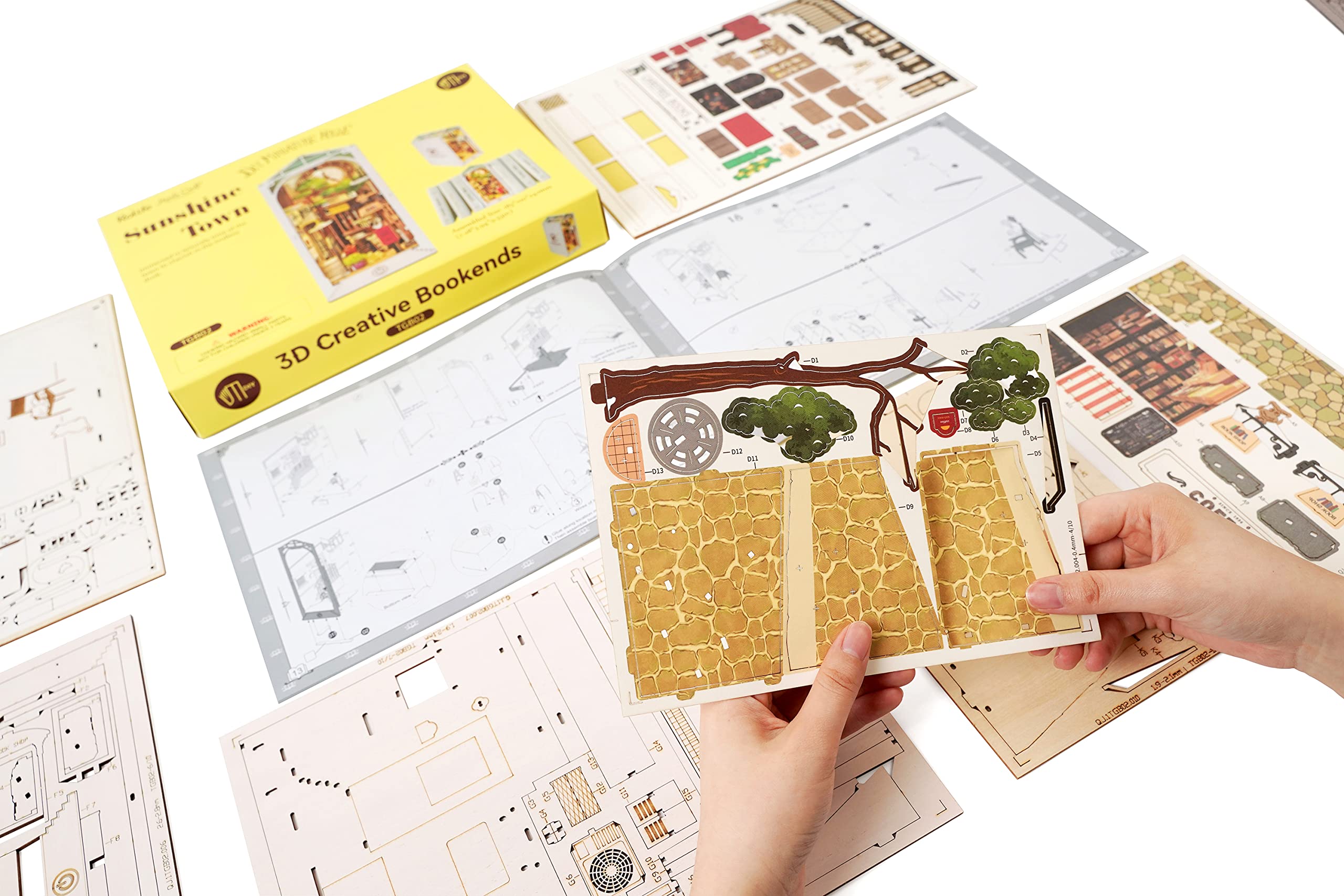 Hands Craft DIY Book Nook Kit – Sunshine Town Miniature House Dollhouse LED Lights Booknook Bookshelf Insert Laser Cut Wooden Puzzle 3D Bookends Book Stand Decor TGB02