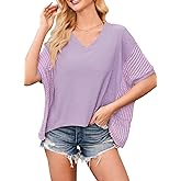 Falechay Womens Summer Tops Casual Oversized Short Sleeve Blouses Boho Flowy Loose Fit Crochet Trendy Tunic Shirts
