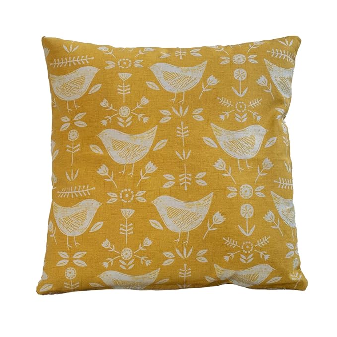 Scandinavian birds cushion cover. Modern ochre mustard yellow with