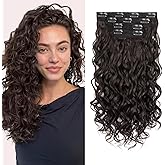 Flvaco Curly Clip In Hair Extensions, 4PCS 16 Inch Dark Brown Extensions Clip Ins Lace Weft Short Curly Invisible Natural Hairpieces for Women