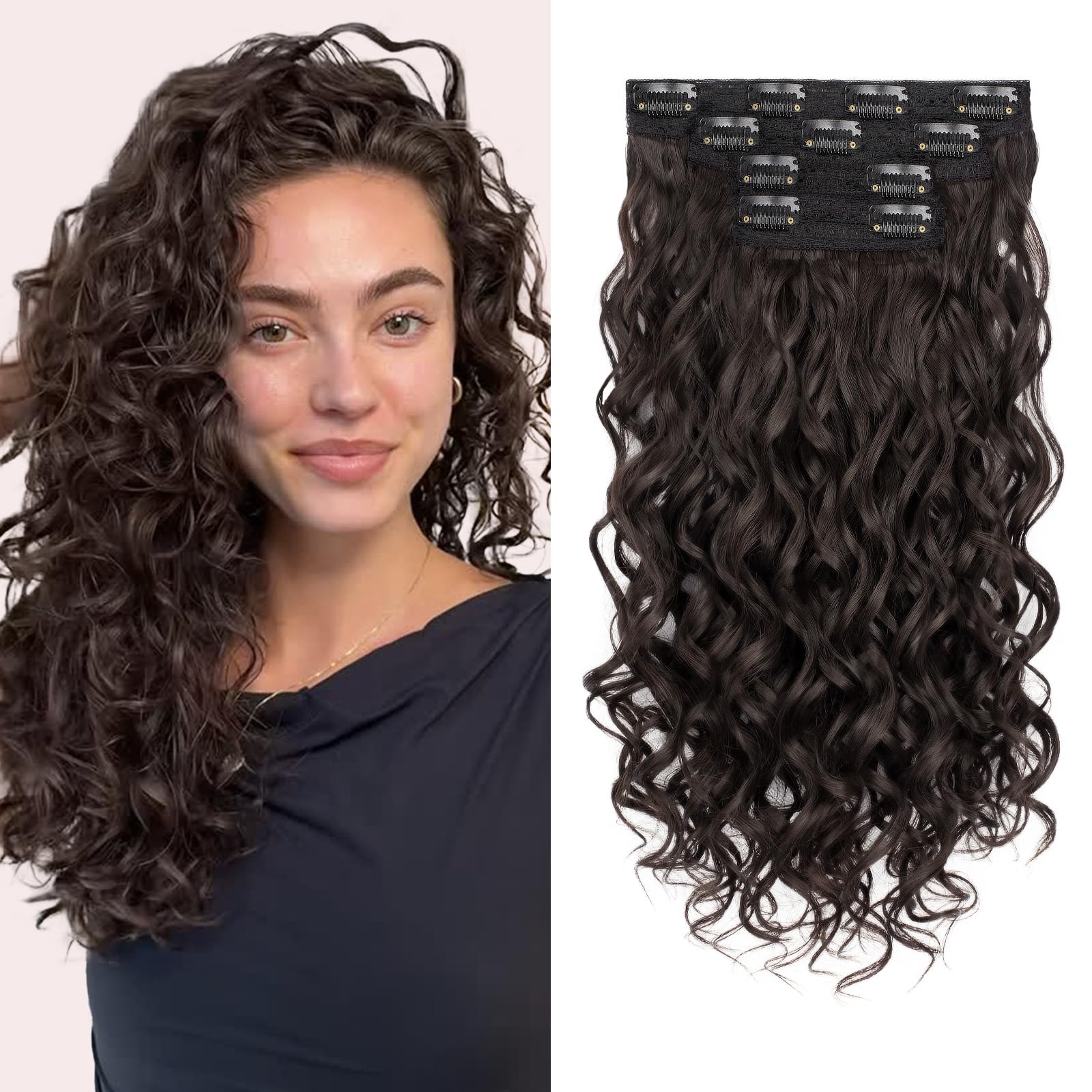 Photo 1 of Curly Clip In Hair Extensions, 4PCS 16 Inch Dark Brown Extensions Clip Ins Lace Weft Short Curly Invisible Natural Hairpieces for Women