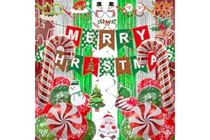 NELOTAOR Christmas Decorations, Merry Christmas Decor Banner Hanging Swirls Candy Cane Balloons Tinsel Backdrop Glasses Frames for Indoor Outdoor Decorations