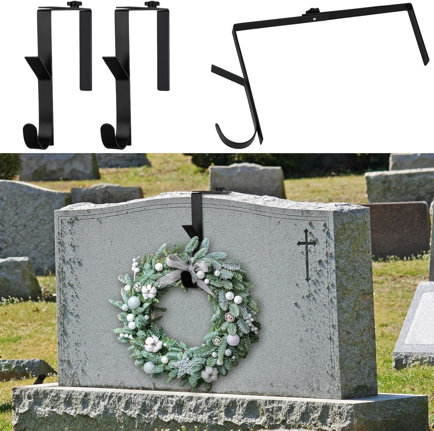 Wreath Hangers - Blulu 2 Pcs Christmas Headstone Adjustable Wreath Hanger Metal Single Hook Black Wreath Hook Tombstone Wreath Holder for Grave Marker Cemetery Gravestone Flowers Decorations
