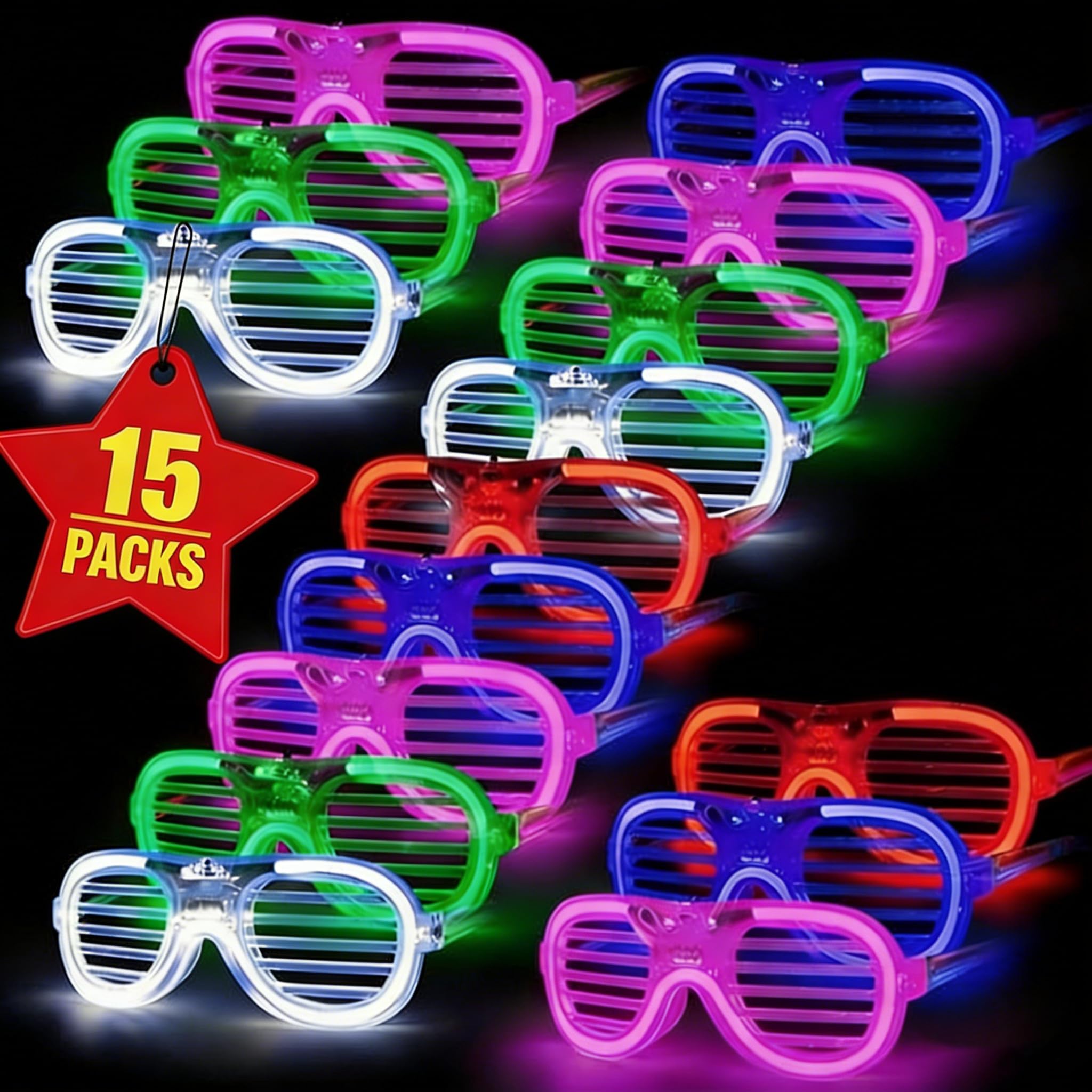 Vesmiga Neon LED Party Glasses – Light Up Glow Shutter Glasses for New Year's Eve, Christmas & Birthday Parties, Flashing Disco Rave Sunglasses for Festival, Club, Wedding Party Favors (15 Pack)
