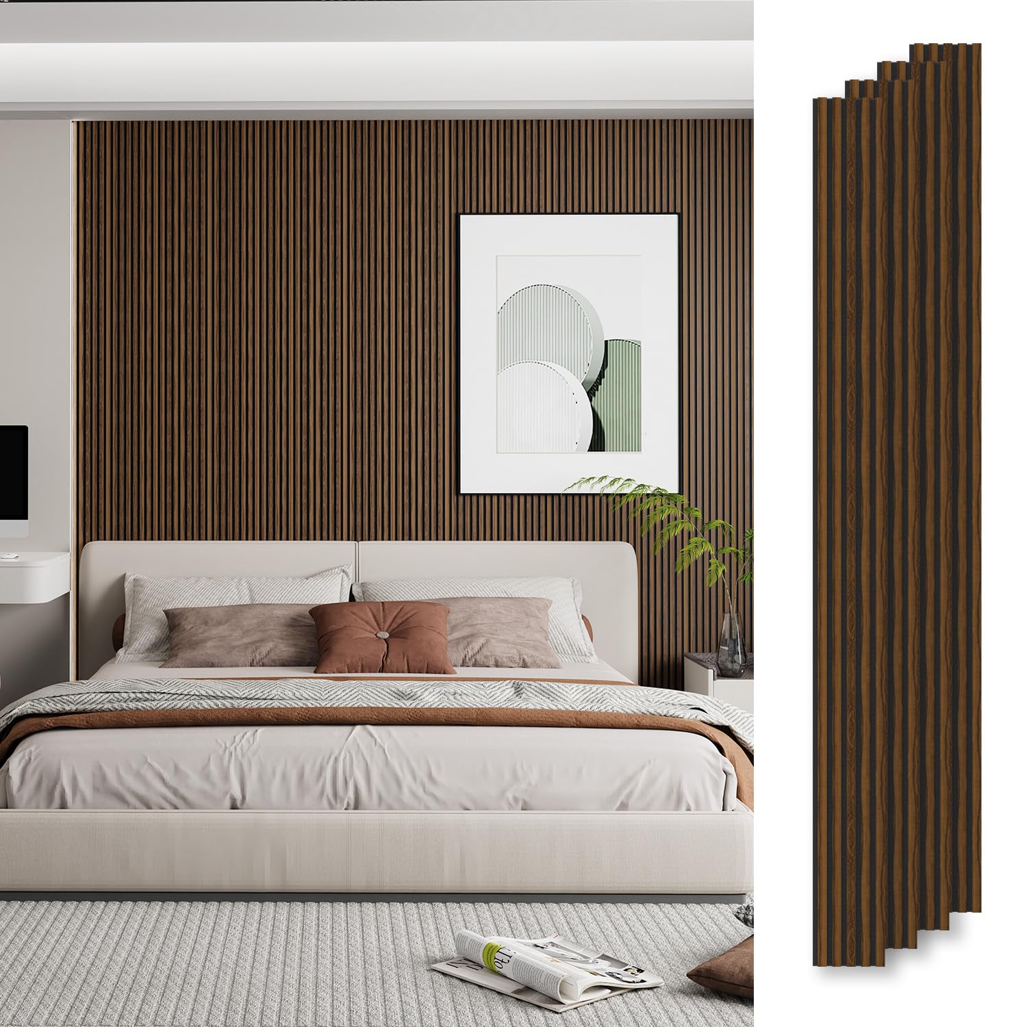 Photo 1 of Carlo Schdoo Wood Wall Panels, 4-Pack 94.5’’ × 8'' Wall Panels for Interior Wall Décor, 3D Acoustic Panels for Wall, Accent Wall Panels for Living Room, Bedroom, TV Background (Walnut)