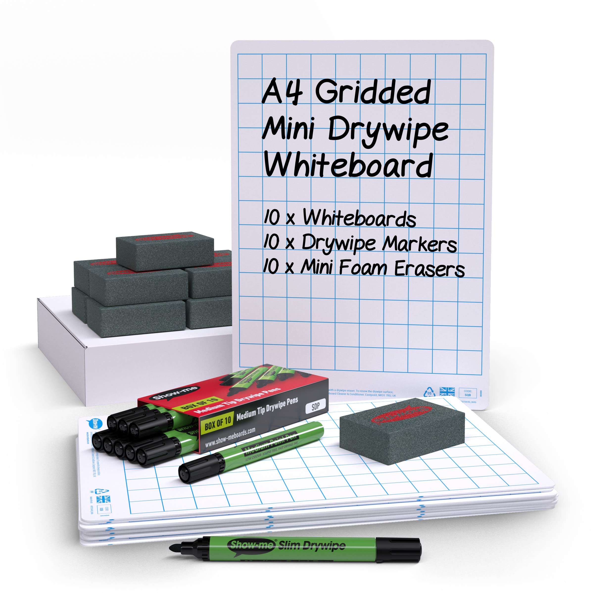 SHOW-ME A4 Dry Wipe Board, Grid Squared Whiteboard, Classroom Whiteboard For Teachers, Flexible Whiteboard Set, Grid Lined Whiteboard For Children, 31-Piece Small Kit