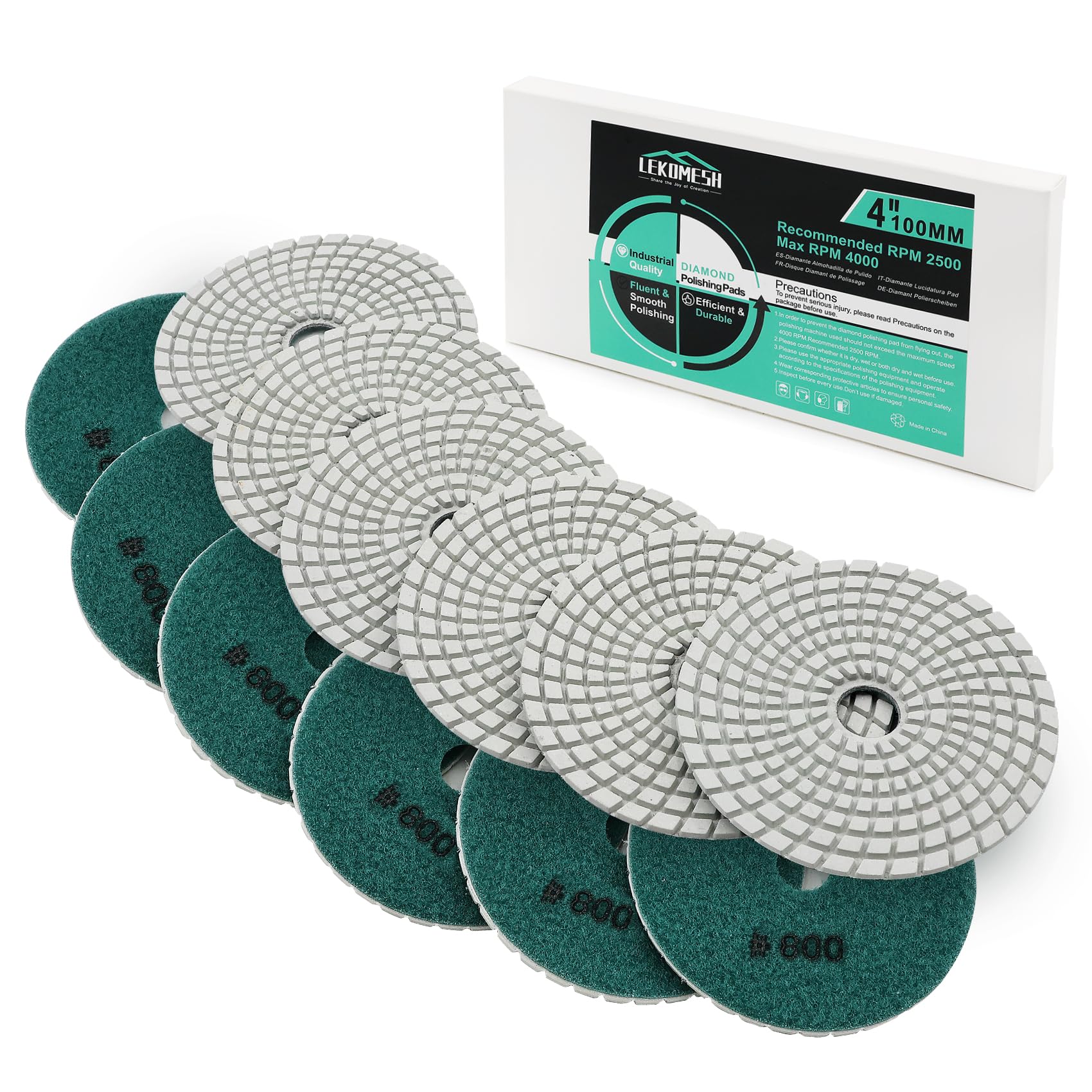 LEKOMESH Diamond Wet Polishing Pad 6pcs 4 Inch(100MM) Wet Polishing Wheel Set for Granite Marble Artificial Stone Quartz,#50-#3000 Polishing Pad for Grinder or Polisher
