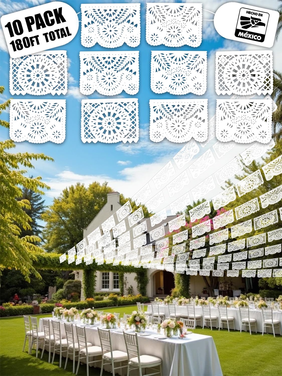 Photo 1 of 10 Pack White Papel Picado Banner 180 Ft (18 Ft x 10), 100% Made in Mexico, Papel Picado Blanco, White Mexican banner, for Parties, Wedding, Baby Shower, Bautizos, Bodas, Birthdays | 10 Plastic Flags per Banner |