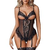 Avidlove Sexy Lingerie for Women Cut Out Garter Mesh Lace Teddy | Special Cup, Convenient Crotch, Hollow Out with Bow, Lace Ruffle Hem, Garter Belt, For Hot Night, Valentine's Day