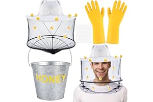 TLY 38pcs Beekeeper Set Including Beekeeper Hat with Veil,15 Wool Felt Bee,20 Double Side Tape, 1 Pair Yellow Gloves and Metal Bucket Printed with Honey for Halloween Costume Supplies
