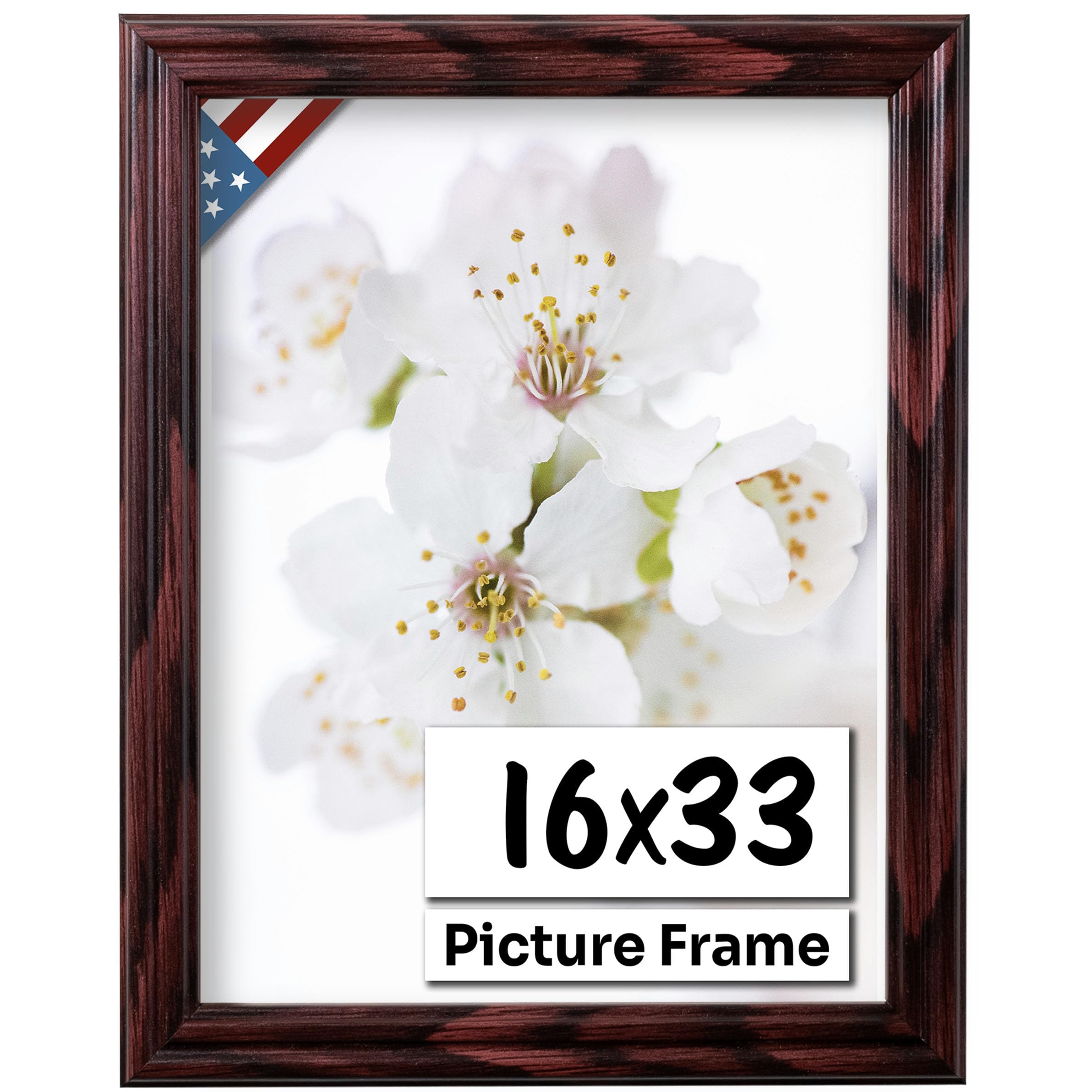 US Art Cherry 16x33 Picture Frame .75" Inch Wide - Cherry Wall Decor Handmade Solid Wood Frames with Preinstalled Hangers and UV Blocking Plexiglass 33x16 Frame