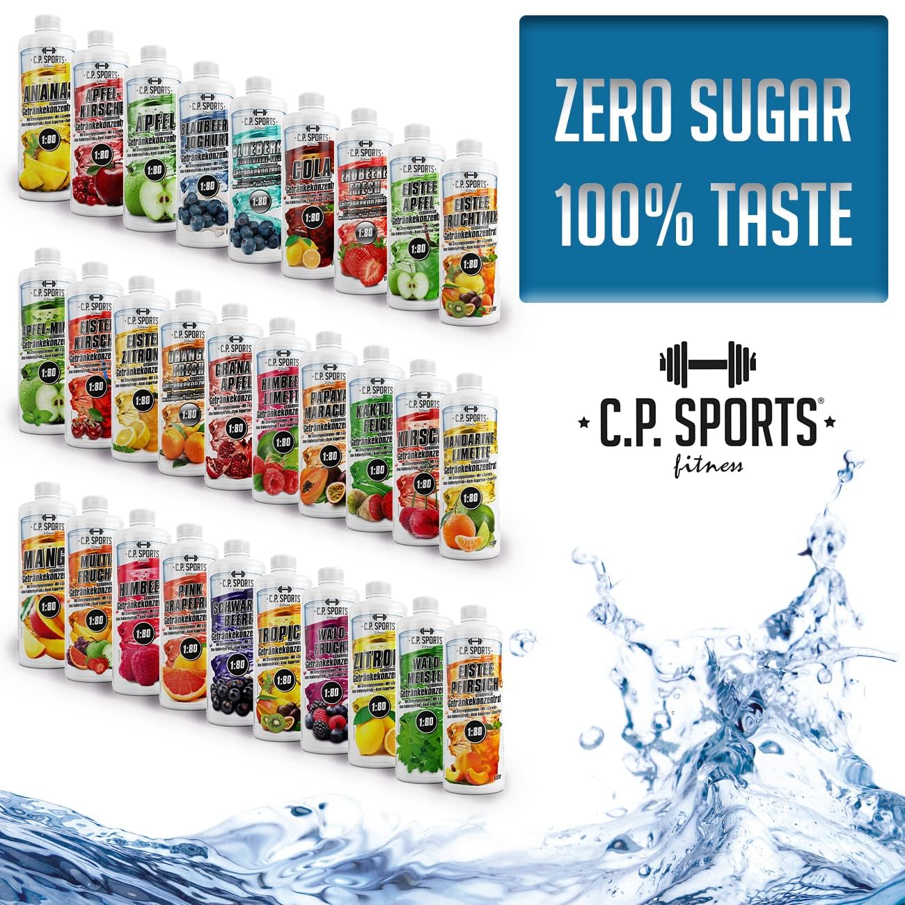C.P. Sports Getränkesirup EISTEE-PFIRSICH für Mineraldrink mit Vitaminen I Sirup ZUCKERFREI* für Vital-Drink I Getränkekonzentrat zum Mixen mit Wasser für Getränk 1 Liter + Pumpspender 6